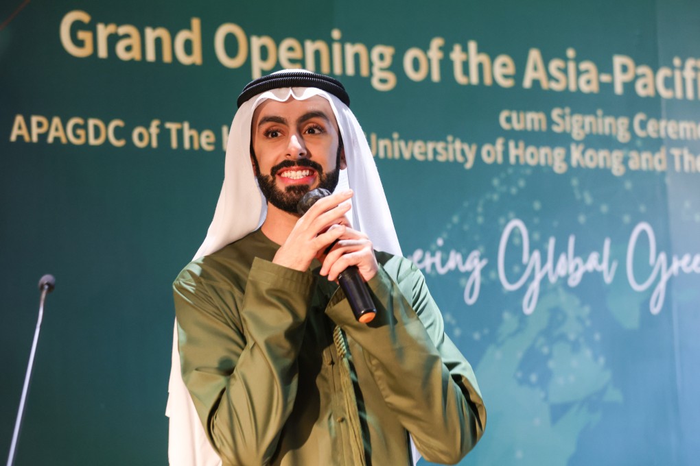 Sheik Ali Al Maktoum speaks at a memorandum of understanding signing ceremony at Hang Seng University’s Asia-Pacific Asean Green Deal Centre. Photo: Yik Yeung-man
