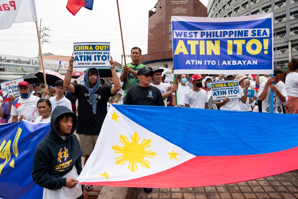 Activists hold a protest marking the 8th anniversary of the 2016 arbitration ruling over China’s claims in the South China Sea, in Quezon City, Philippines on July 12, 2024. Photo: Reuters