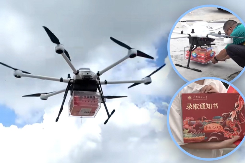 Four students in southern China have become the first in the country to have their university admission notices delivered by drone. Photo: SCMP composite/Douyin