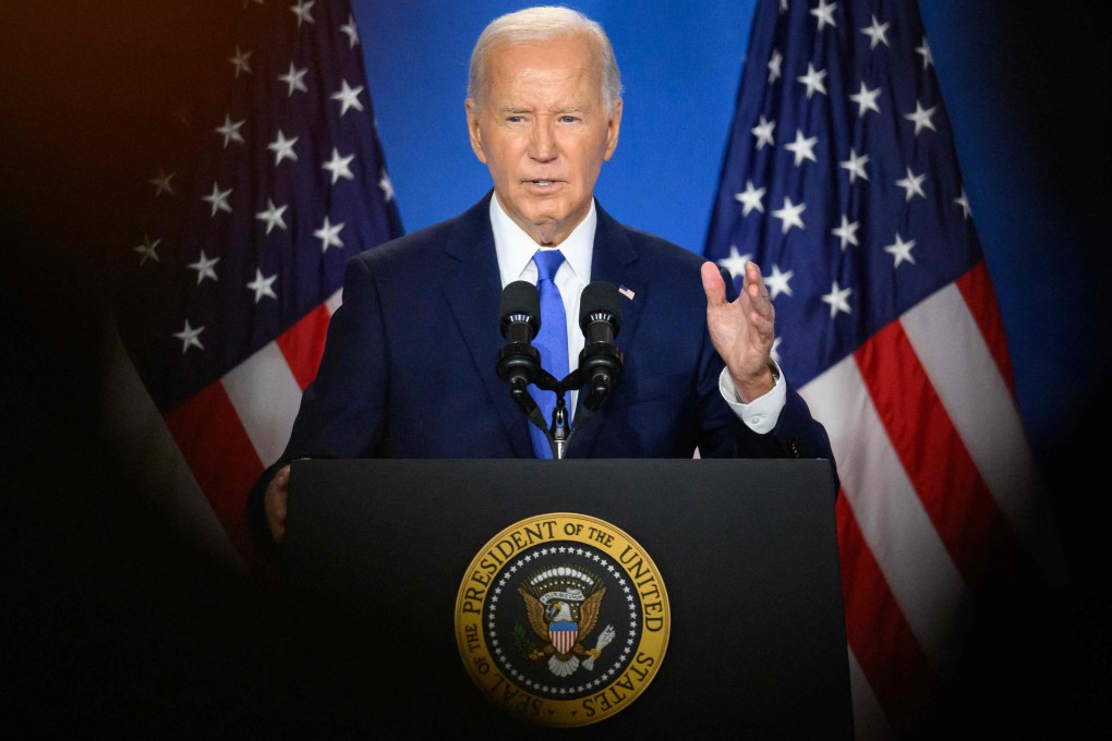 US President Joe Biden conducting a press conference at the close of the 75th NATO summit in Washington on Thursday. Photo: AFP