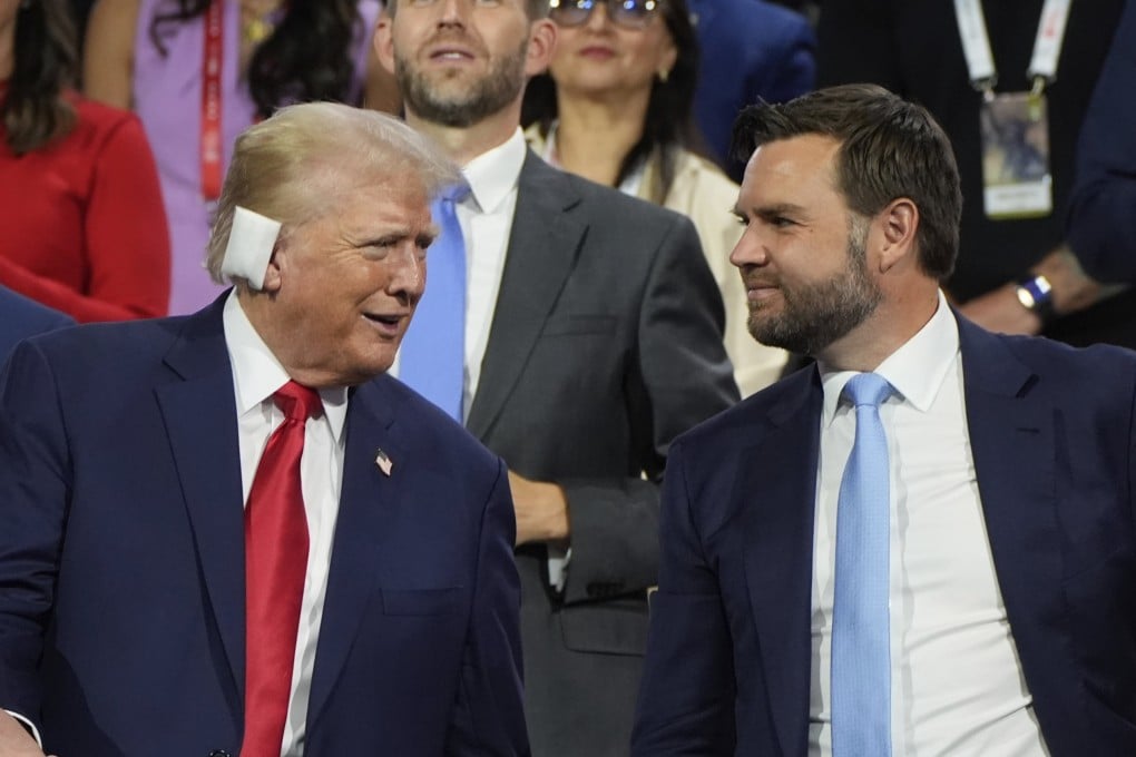 JD Vance appears with Donald Trump at the Republican National Convention in Milwaukee on Monday. Photo: AP
