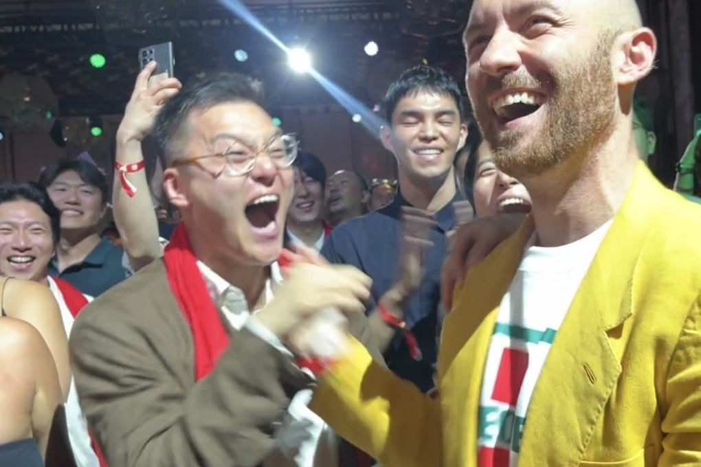 Zest’s Dohyung Kim and Bar Leone’s Lorenzo Antinori celebrate after their bars were named respectively second and first in the Asia’s 50 Best Bars ranking for 2024 in a ceremony at Hong Kong’s Rosewood hotel. Photo: Charmaine Mok