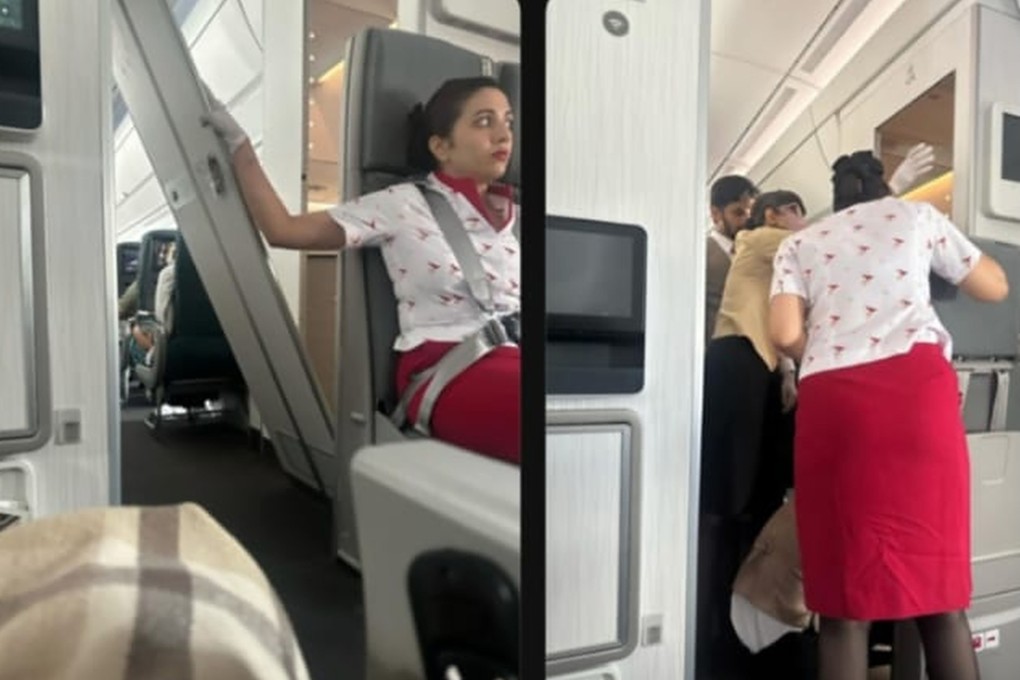 Images posted online showing a Cathay Pacific staff member holding the door. Photo: Threads