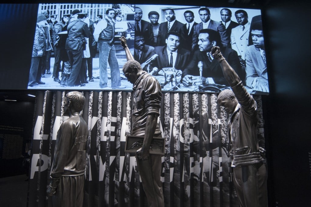 A statue commemorating the 1968 Olympics Black Power salute on display at the Smithsonian’s National Museum of African American History and Culture in Washington. Photo: AFP