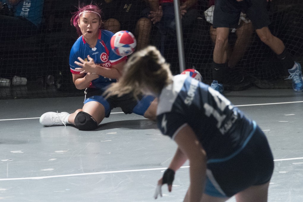 A Hong Kong player is hit by the ball against Slovenia at the Dodgeball World Cup in New York in 2018. Photo: AP