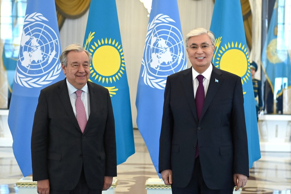 Kazakh President Kassym-Jomart Tokayev (right) attends a meeting with United Nations Secretary General Antonio Guterres during the Shanghai Cooperation Organisation summit in Astana, Kazakhstan, on July 3. Photo: Handout