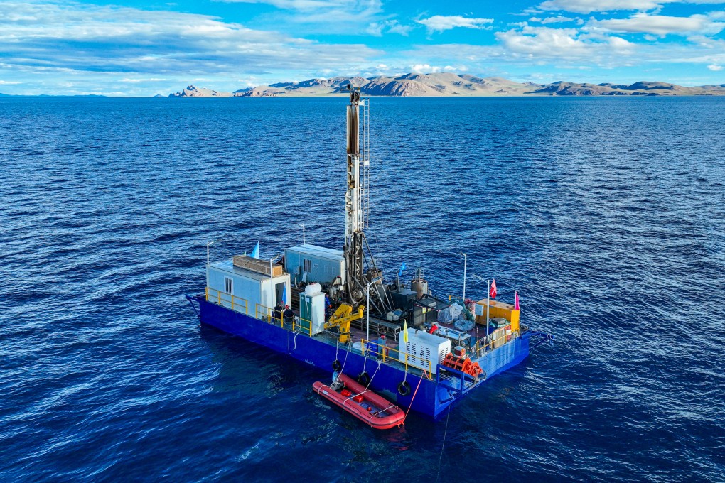 Crews on a platform on Nam Co in Tibet have drilled to a record depth of 510 metres to extract core samples that could be vital to understanding what the future holds for the region. Photo: Xinhua