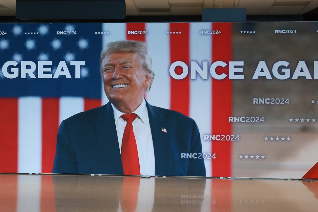 A Donald Trump sign in the Fiserv Forum at the Republican National Convention in Milwaukee. Photo: TNS