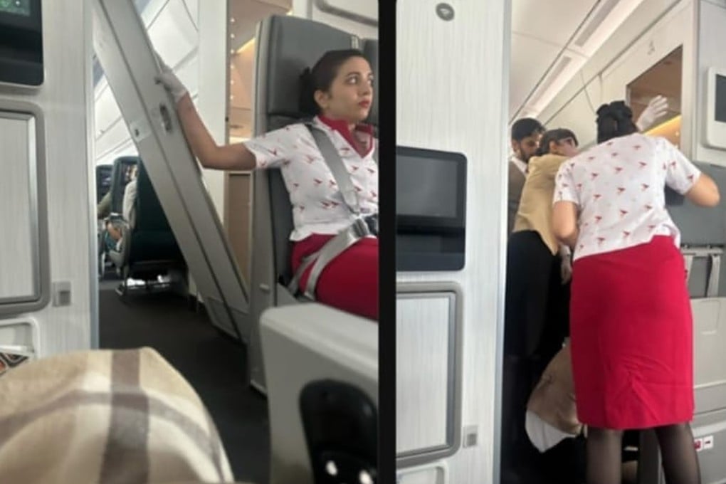Images posted online showing a Cathay Pacific staff member holding the door. Photo: Threads
