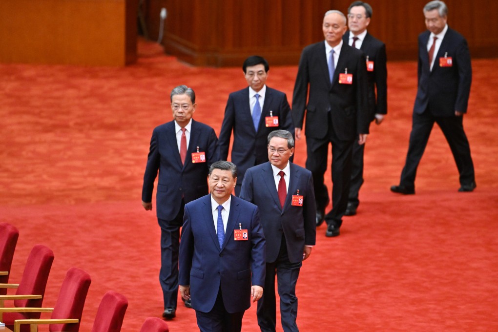 Xi Jinping, Li Qiang, Zhao Leji, Wang Huning, Cai Qi, Ding Xuexiang and Li Xi arrive to attend the Central Committee’s third plenary session in Beijing. Photo: Xinhua