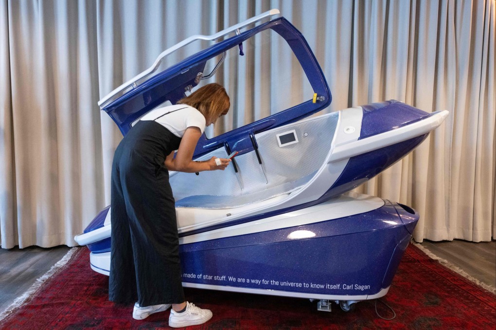 The Sarco suicide capsule is on display during a media event in Zurich on Wednesday. Photo: AFP