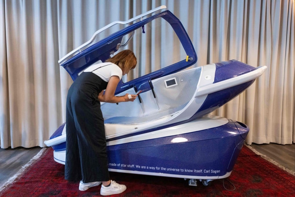 The Sarco suicide capsule is on display during a media event in Zurich on Wednesday. Photo: AFP