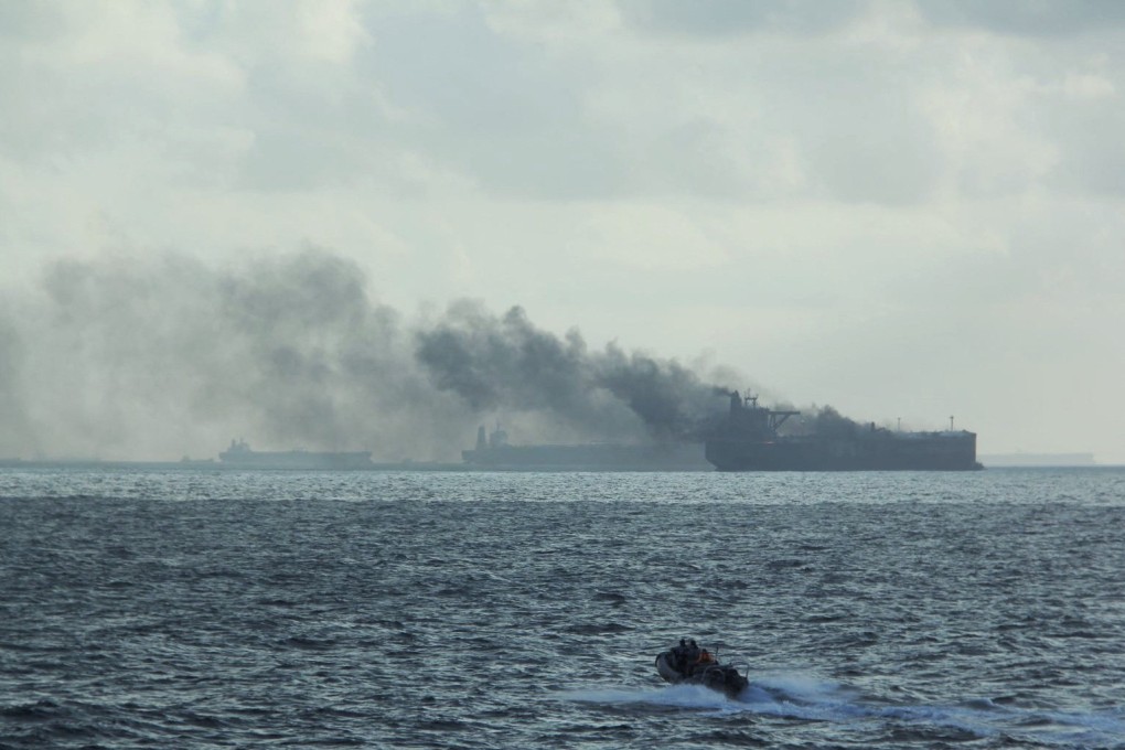 Two crew members of the tankers were airlifted to hospital and others rescued from life rafts. Photo: Singapore Navy/Handout via Reuters