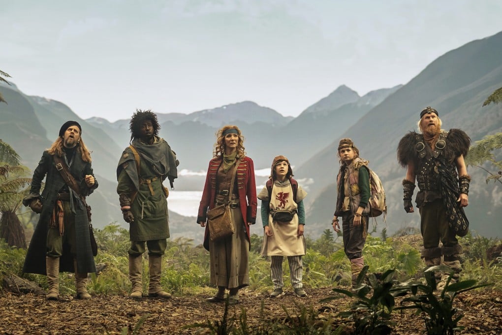 Cast members of the Apple TV+ series Time Bandits (from left) Tadhg Murphy, Roger Jean Nsengiyumva, Lisa Kudrow, Kal-El Tuck, Kiera Thompson and Rune Temte. Photo: Apple TV+ via AP