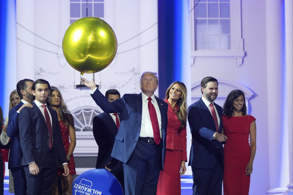 Republican presidential candidate and former US president Donald Trump, his running mate Senator J.D. Vance and their families celebrate on the final day of the Republican National Convention on Thursday. Photo: AP