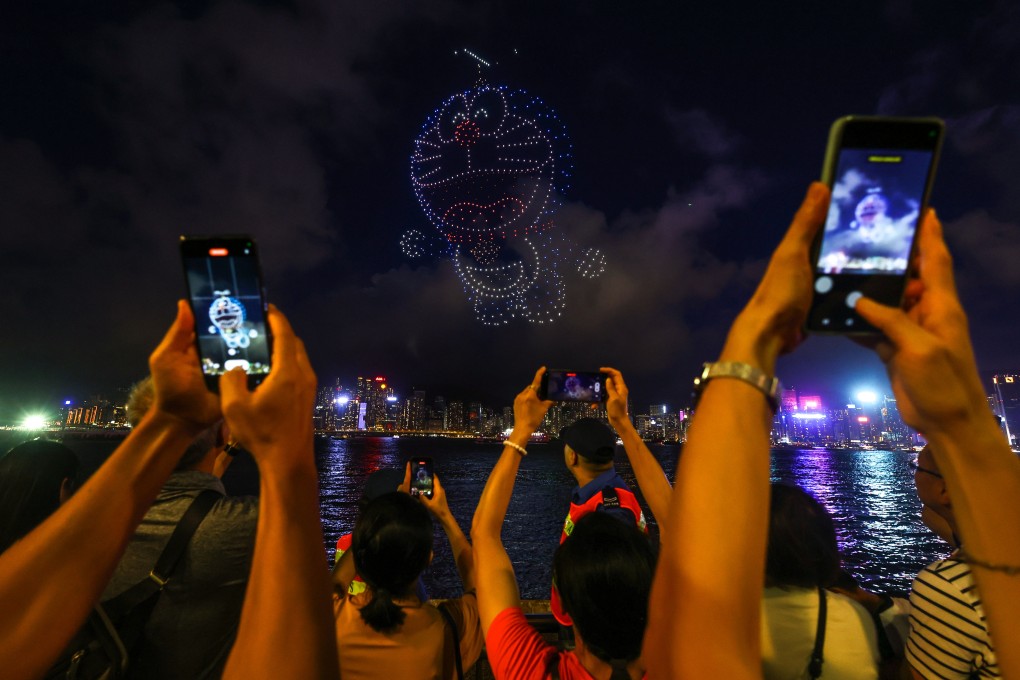 Drones form cartoon star Doraemon over Victoria Harbour on Saturday night. Photo: Dickson Lee