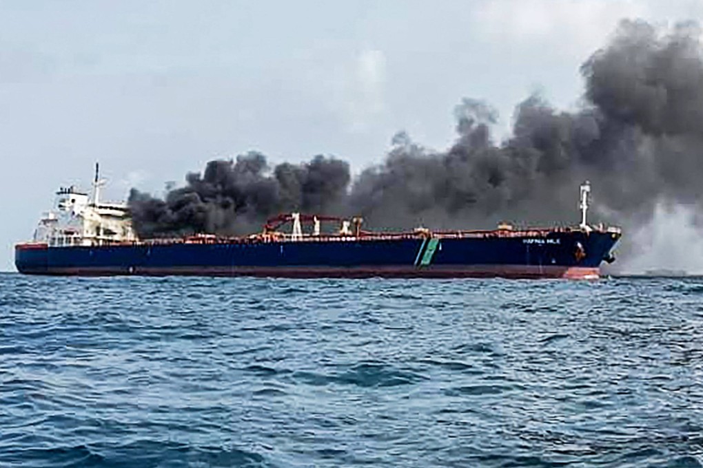 The Singapore-flagged tanker Hafnia Nile on fire. Photo: Handout/Malaysian Maritime Enforcement/AFP