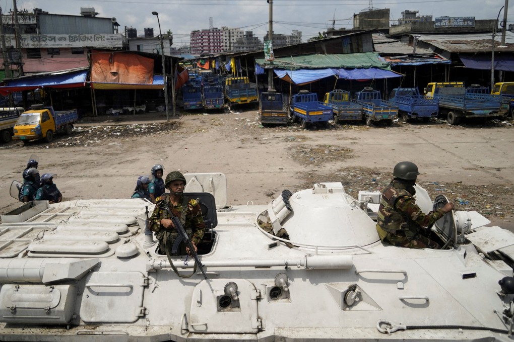 Members of the Bangladesh Army in Dhaka enforcing a curfew imposed in response to student protests against government job quotas. Photo: Reuters