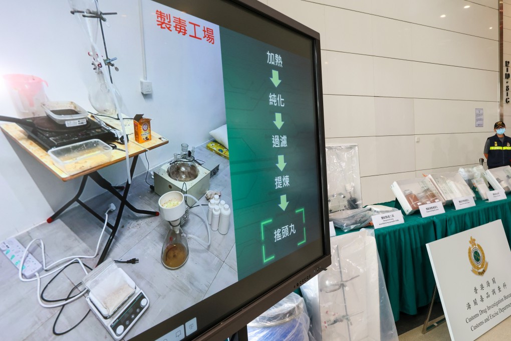 Customs displays an image of the Ecstasy lab that had been allegedly set up by a 19-year-old in a Tai Kok Tsui office. Photo: Jelly Tse