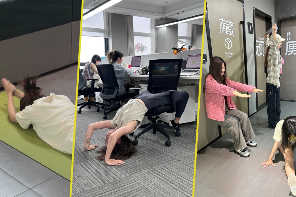 A new in-office exercise trend is sweeping workplaces across China. Photo: SCMP composite/Xiaohongshu