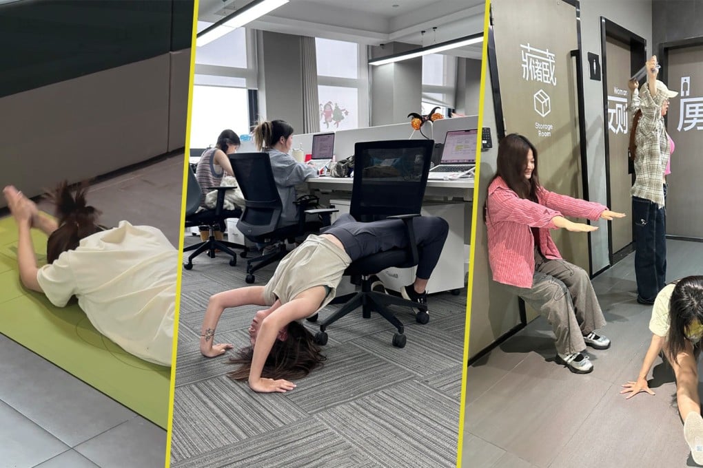 A new in-office exercise trend is sweeping workplaces across China. Photo: SCMP composite/Xiaohongshu