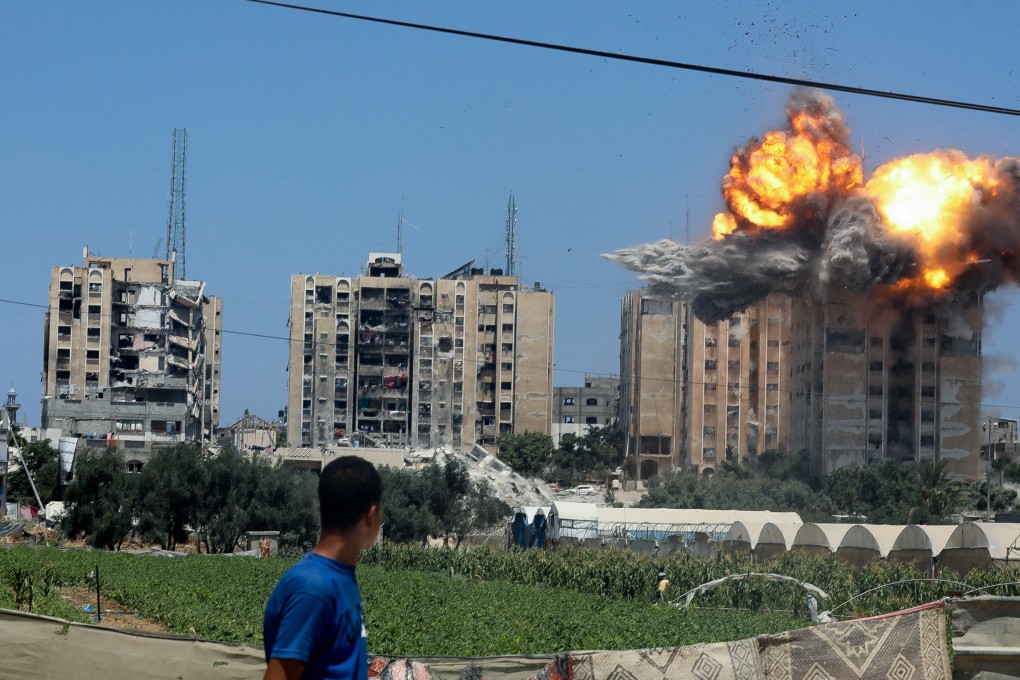 An explosion following an Israeli air strike on a residential building in Nuseirat, central Gaza at the weekend. Photo: Reuters