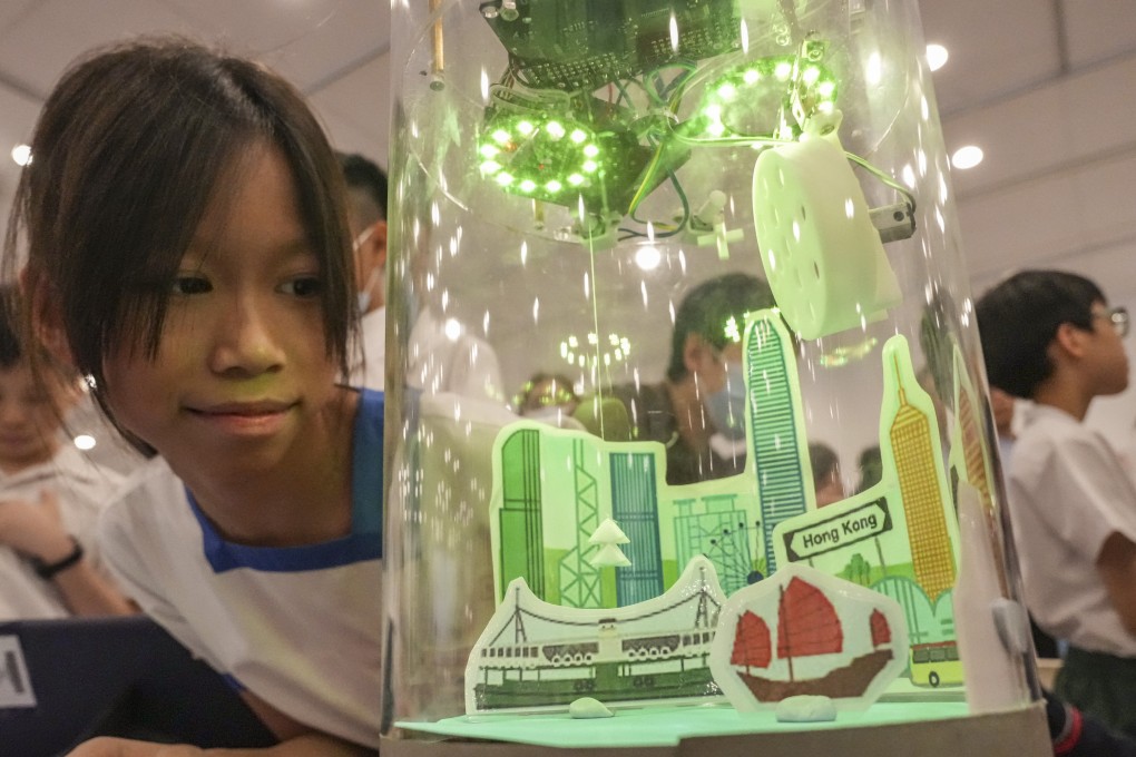 Students showcase their creations at the 26th Primary STEAM Project Exhibition, themed around climate change, at the Hong Kong Central Library Exhibition Gallery in Causeway Bay on May 8. Photo: May Tse