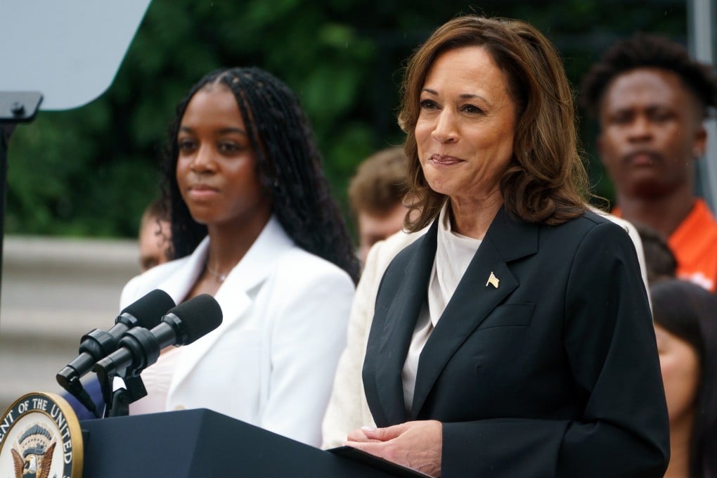 US Vice-President Kamala Harris at an event at the White House on Monday, her first public appearance since Joe Biden withdrew from the presidential race and endorsed her to replace him as Democratic nominee. Photo: EPA-EFE