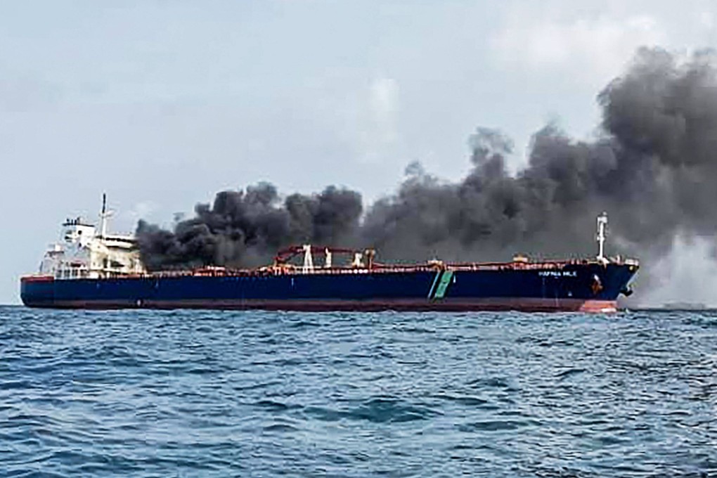 The Singapore-flagged tanker Hafnia Nile on fire in Tanjung Sedili, near Singapore. Photo: Handout/Malaysian Maritime Enforcement Agency/AFP