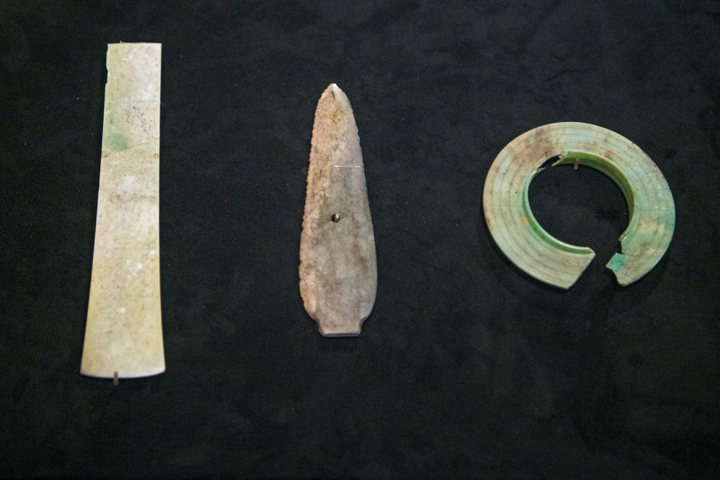 The latest artefacts discovered at the Sanxingdui site include pieces of finished and raw jade, as well as stone scraps and fragments, representing various stages of the production process. Photo: Xinhua