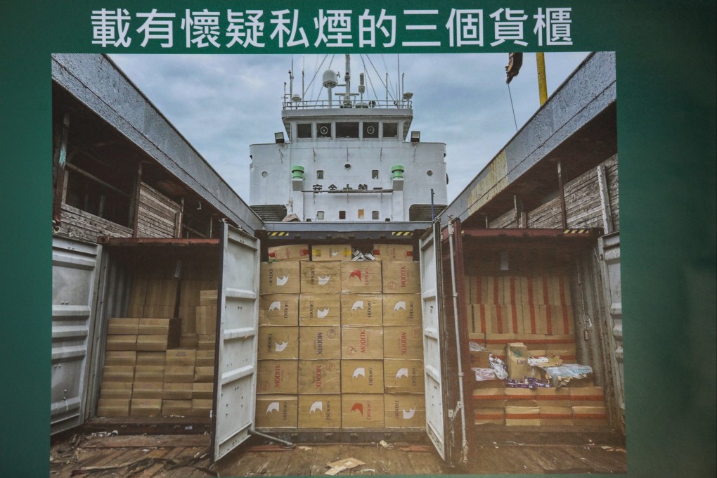 The three containers found to contain millions of dollars worth of illegal cigarettes on board a cargo ship. Photo: Xiaomei Chen