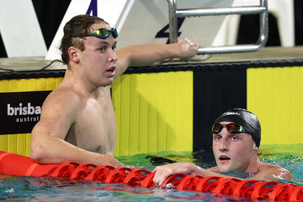 Sam Short (left) and Elijah Winnington are Australia’s strongest hopes against South Korea’s Kim Woo-min in the 400m freestyle in Paris. Photo: AFP