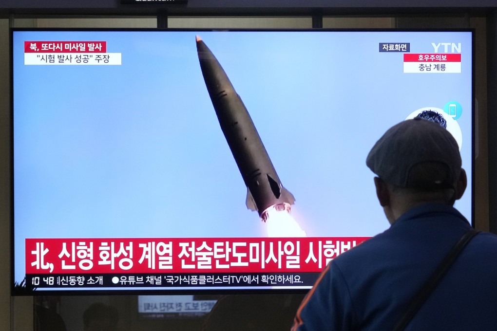 A file image of a North Korean missile launch is displayed on a screen at Seoul Railway Station in South Korea on July 2. Photo: AP