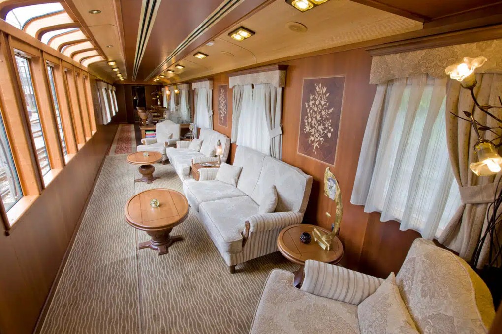 The carpeted lounge of the Costa Verde Express, with its Belle Epoque interiors, which, despite its name, rolls along the “Green Coast” of northern Spain at a leisurely 50km/h with nightly halts for guests to sleep on board and stops for excursions. Photo: Costa Verde Express