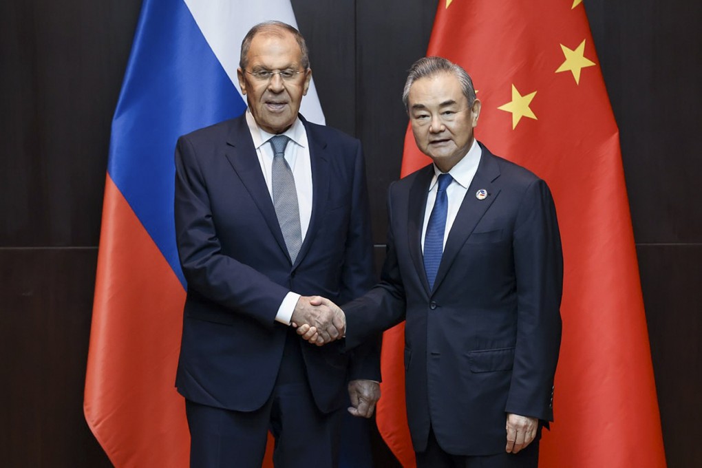 Chinese Foreign Minister Wang Yi, right, and Russian Foreign Minister Sergey Lavrov spoke in Vientiane, Laos, on Thursday as diplomats from Asean and other nations met. Photo: Russian Foreign Ministry Press Service via AP