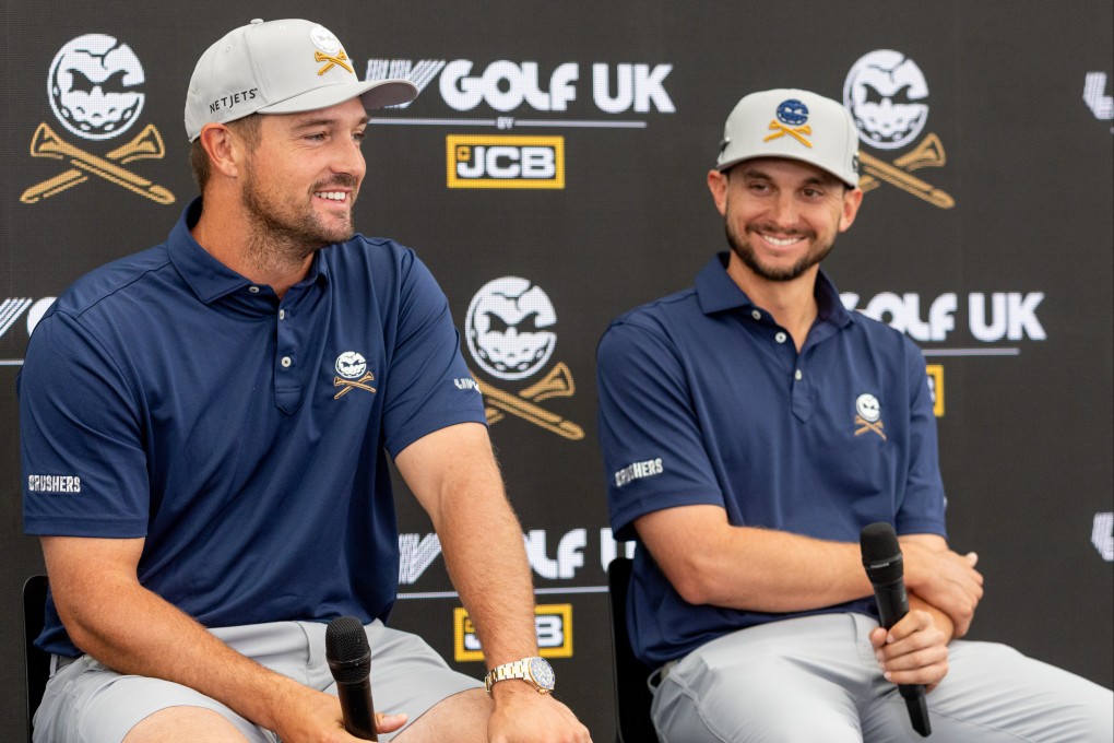 Captain Bryson DeChambeau (left) and Crushers GC player John Catlin speak at a press conference before the start of LIV Golf United Kingdom. Photo: LIV Golf