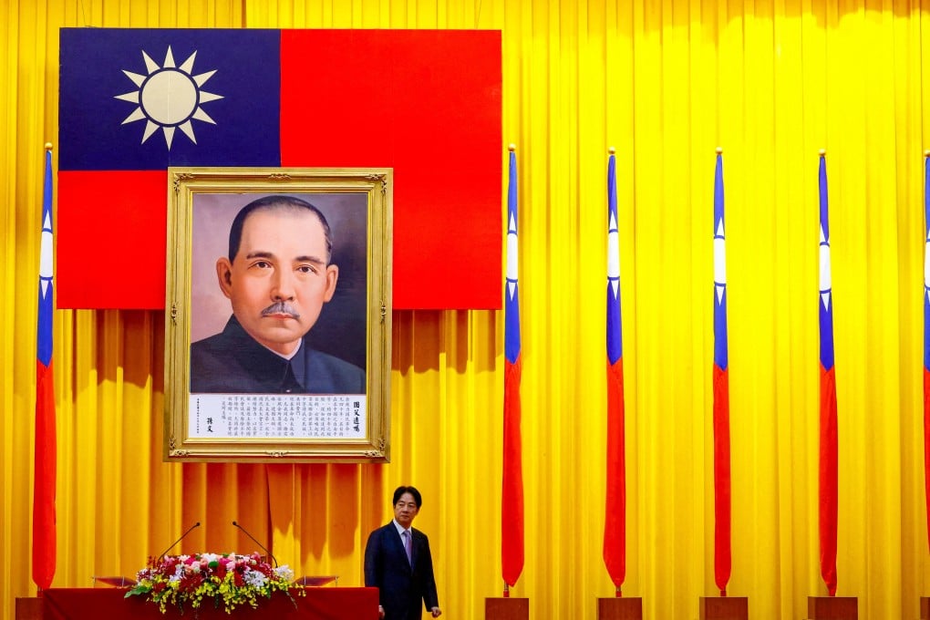 Taiwanese leader William Lai stands in front of a portrait of Sun Yat-sen, founding father of the Republic of China, during a graduation ceremony of military academies in Taipei, Taiwan on Saturday. Photo: Reuters