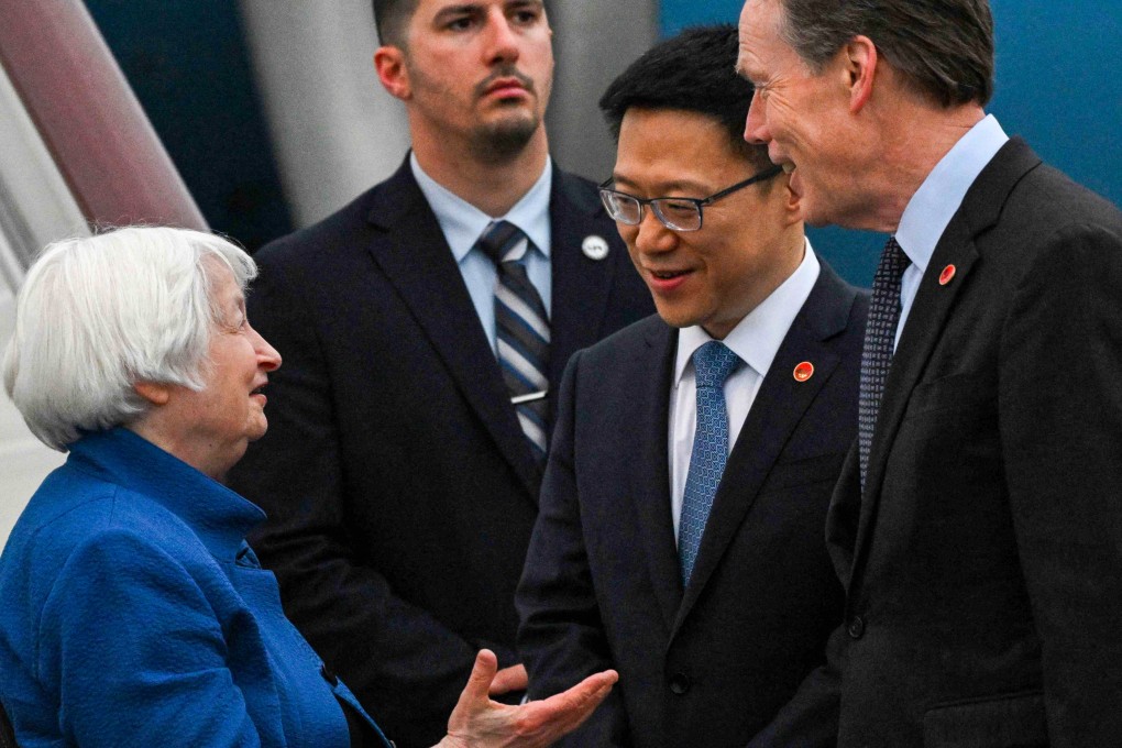 China’s finance vice-minister Liao Min (second right) receives US Treasury Secretary Janet Yellen upon her arrival in China’s southern manufacturing hub of Guangzhou in April. Photo: AFP