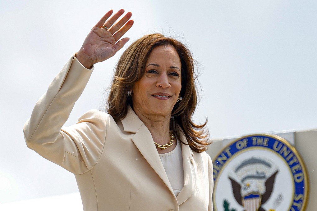 US Vice-President and Democratic presidential candidate Kamala Harris waves as she boards Air Force Two on Wednesday. Photo: AFP