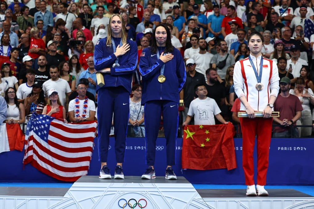 China’s Yufei Zhang (right) won the bronze medal as United States pair Torri Huske (centre) won the gold and Gretchen Walsh the silver in the women’s 100m butterfly. Photo: Reuters