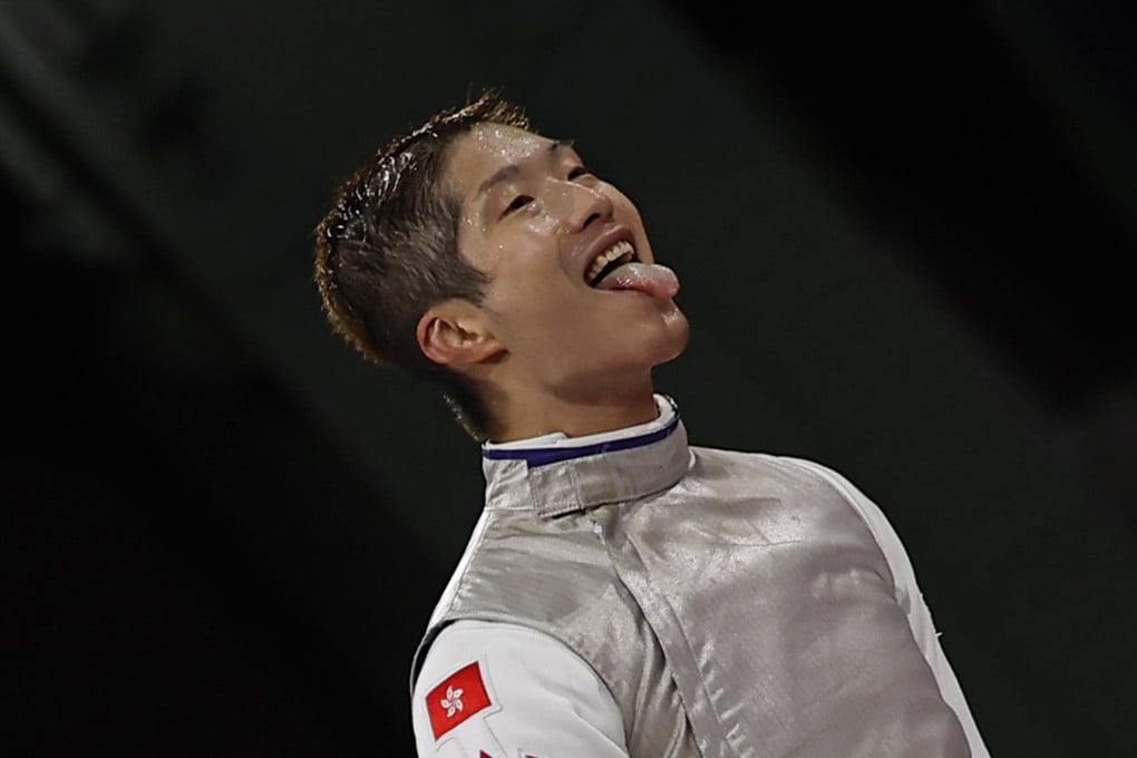 Cheung Ka-long offers his trademark tongue-out celebration after winning his Olympic semi-final at the Grand Palais in Paris. Photo: EPA-EFE