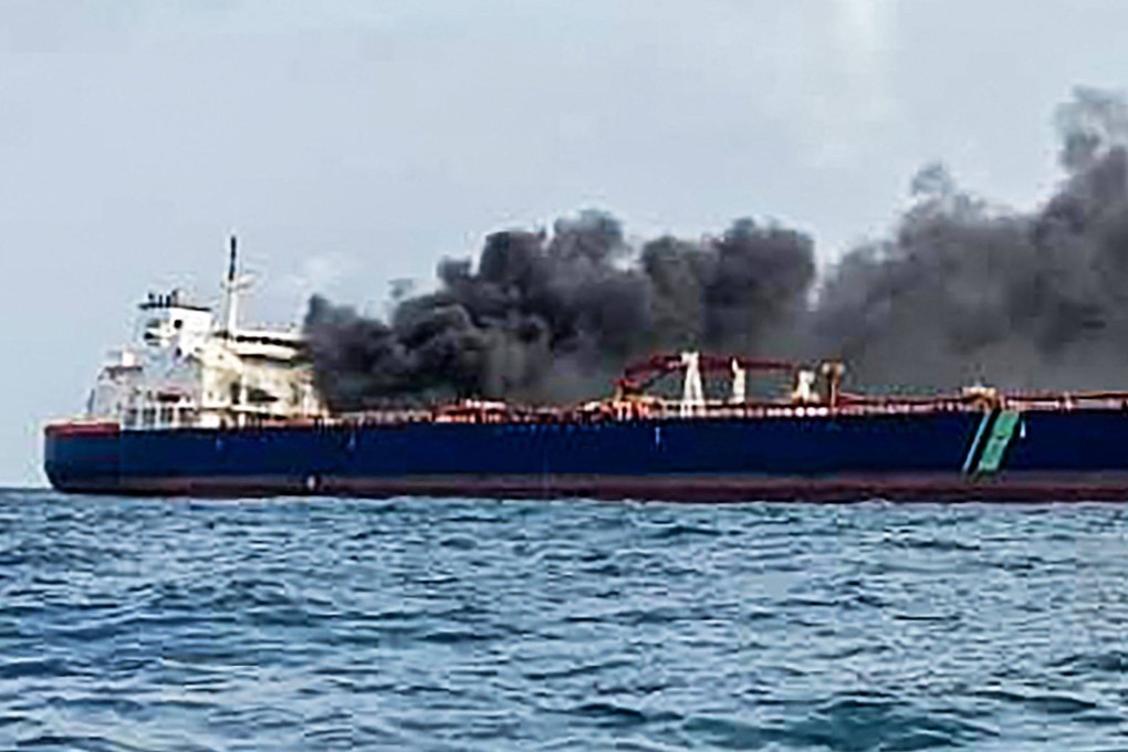 Two large oil tankers that collided and caught fire near Singapore are now anchored in Malaysian waters. Photo: Malaysian Maritime Enforcement/AFP