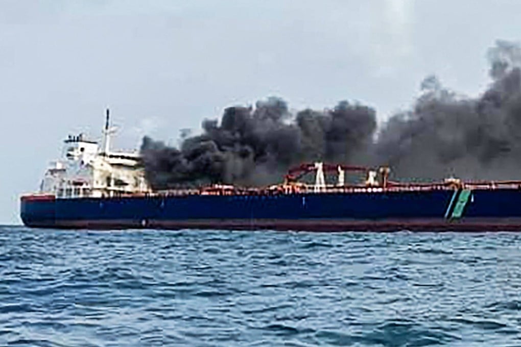 Two large oil tankers that collided and caught fire near Singapore are now anchored in Malaysian waters. Photo: Malaysian Maritime Enforcement/AFP