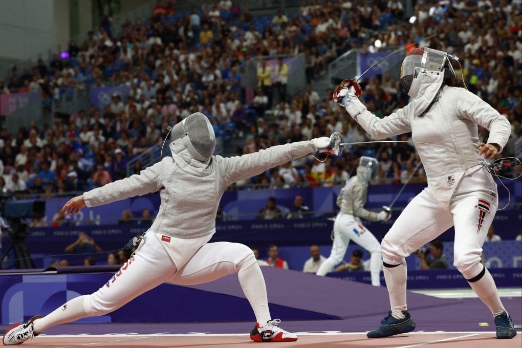 Nada Hafez of Egypt (right) in her loss to South Korea’s Jeon Ha-young in the round of 16 of the sabre event. Hafez has revealed that is she pregnant. Photo: Reuters