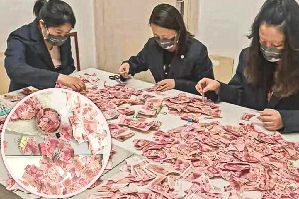 Bank staff in China spent weeks repairing a pile of banknotes which had been cut into more than 100,000 pieces by a depressed woman so that her poverty-stricken family could have some money.  Photo: SCMP composite/Baidu