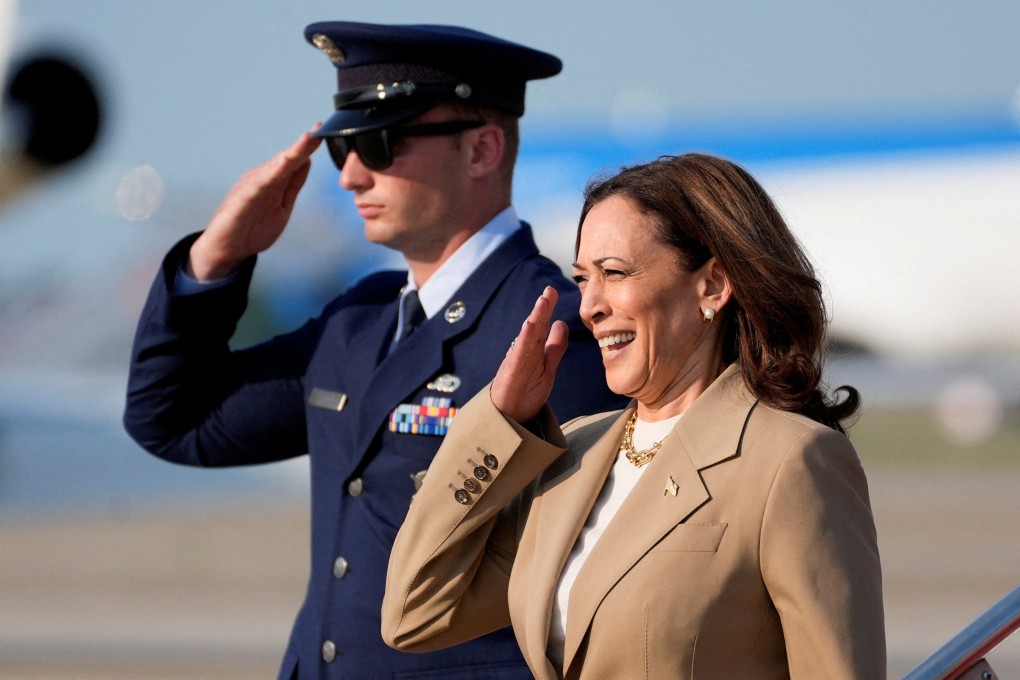 US Vice-President Kamala Harris salutes at Joint Base Andrews in Maryland. Photo: Reuters