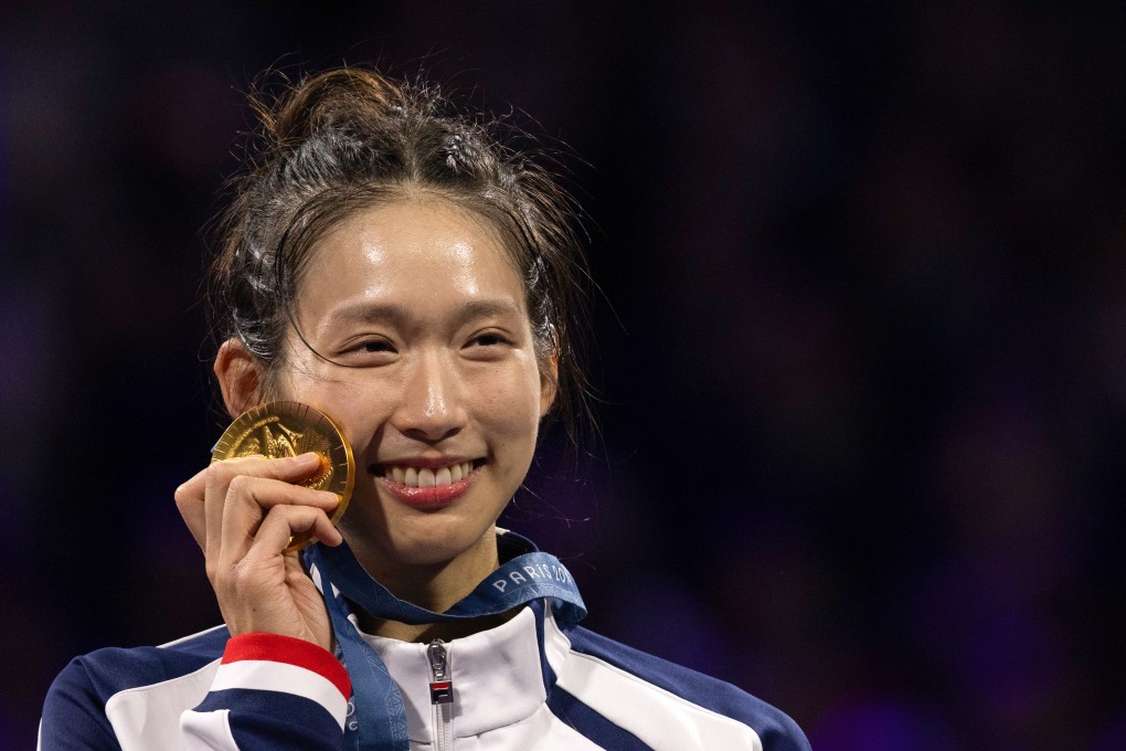 Hong Kong fencer Vivian Kong celebrates after winning a gold medal at the Paris Olympics on July 27. Photo: Getty Images