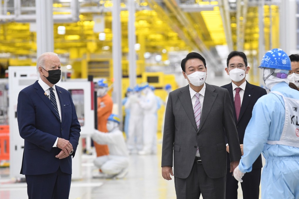 US President Joe Biden, South Korean President  Yoon Suk-yeol and Samsung’s vice-chairman Lee Jae-yong visit a Samsung industrial site in Seoul, South Korea, on May 20 2022. Losing access to China’s market, as well as increased Chinese competition and decreased exports to the US, could hollow out the economies of industrialised nations. Photo: EPA-EFE