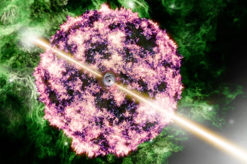 An illustration of the supernova that launched the BOAT. Scientists identified a spectral line with energy levels peaking at 37 million electron volts (MeV) during an exceptionally powerful gamma-ray burst. Photo: Aaron M. Geller/Northwestern/ CIERA/IT Research Computing and Data Services