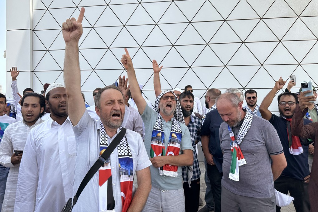 Mourners shout slogans in the grounds close to the Imam Muhammad bin Abdul Wahhab mosque during the final prayers for Ismail Haniyeh during his funeral in the Qatari capital Doha. Photo: AFP